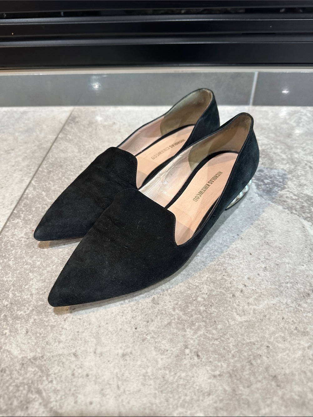 Nicholas Kirkwood Black Pointed Suede Loafers w pearl detail